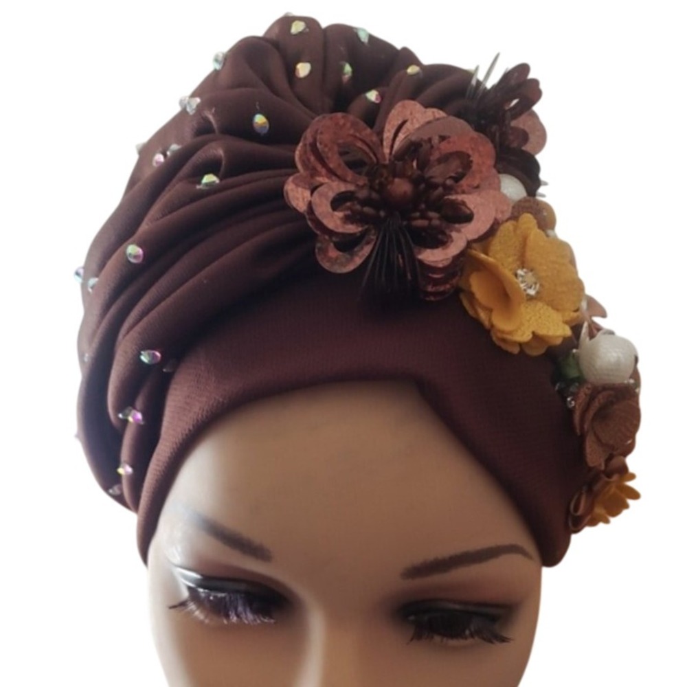 Elegant Brown Turban Headwrap Embellished with Rhinestones and Flowers for Women - Picture 1 of 8